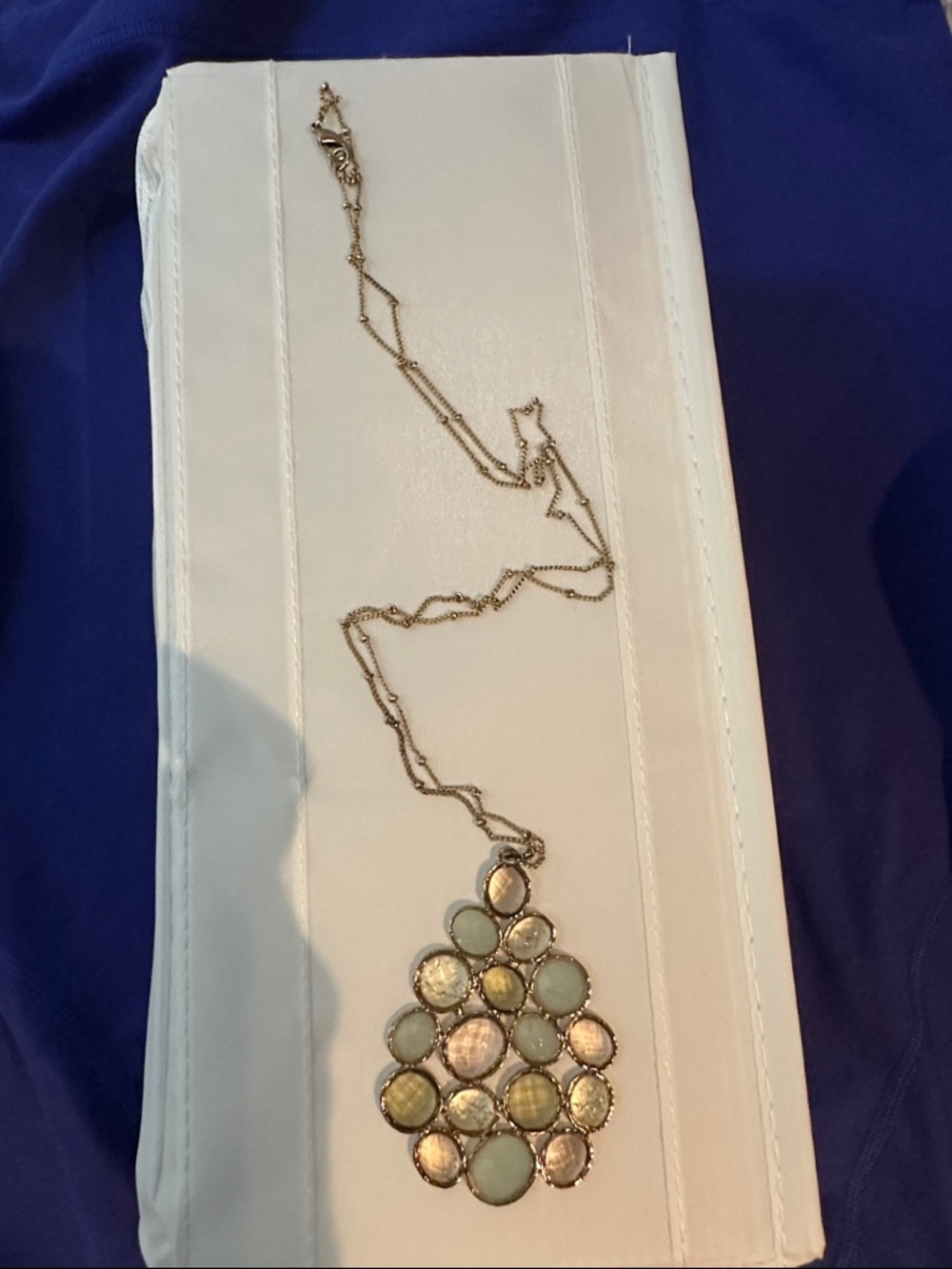 Anthropologie Gold-Tone Pendant Necklace with Pale Green Blueand Cream Cabochons